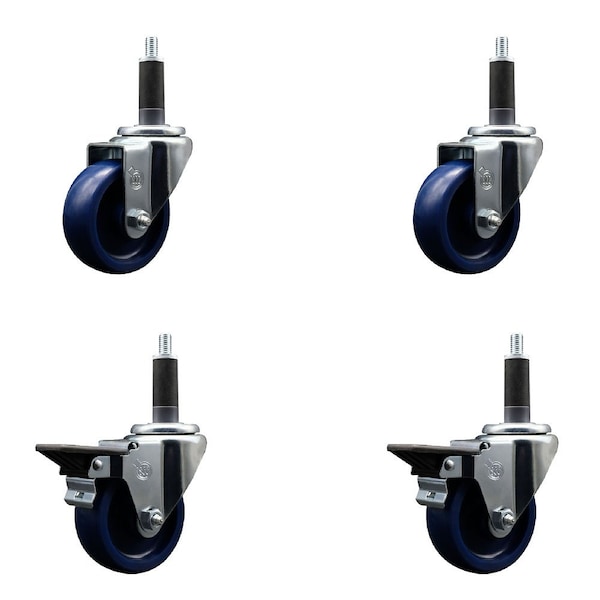 3.5'' Solid Poly Wheel Swivel 1'' Expanding Stem Caster Set 2 Brakes, 4PK